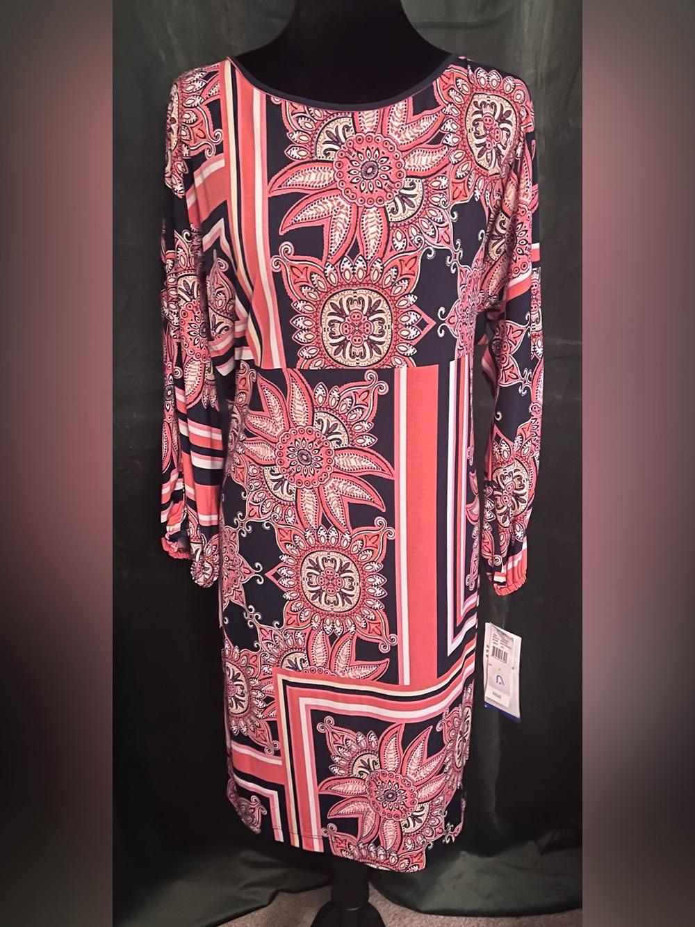 Robbie Bee Coral and Navy Floral Stripe Long Sleeve Dress